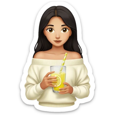 Latina girl with dark long hair and dark eyes and olive skin wearing white off shoulder sweater with lemonade in glass with lemon in hand sticker