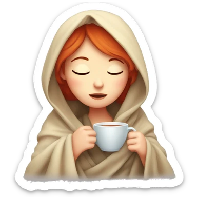 red hair girl wrapped in blanket drinking tea with eyes closed sticker