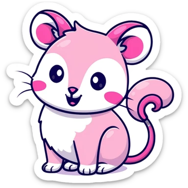 pink possum on a cloud with large curved horns, magical sparkles, cosmic background, mischievous look sticker