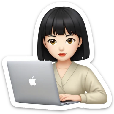 japonesa de pele clara e cabelos pretos com franja na altura das sombracelhas mexendo em um notebook portátil da Apple  sticker