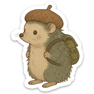 hedgehog with a tiny backpack and acorn hat, muted browns and sage green, ghibli style sticker