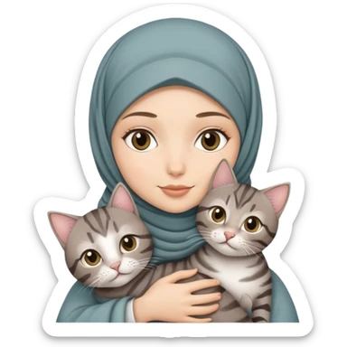 White girl wearing hijab holding a grey and tabby cat sticker