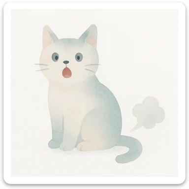 cat with a surprised expression and a visible puff of gas, watercolor style sticker