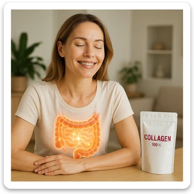 realistic image of a serene and radiant woman with a healthy intestine thanks to collagen, clinical details, positive atmosphere, domestic environment, visible collagen package sticker