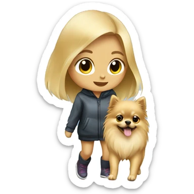 Blonde girl walking little pomeranian under the rain sticker