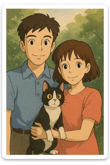 couple with pet posing for photo sticker