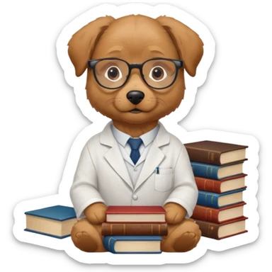 Wise dog with glasses, wearing a lab coat, perched on a stack of books. sticker
