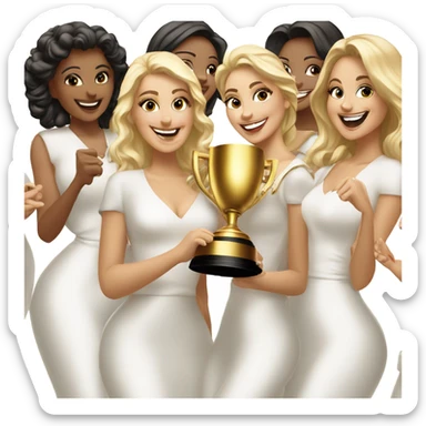 6 beautiful and stylish blonde and Latina models celebrating with 1 huge gold trophy sticker