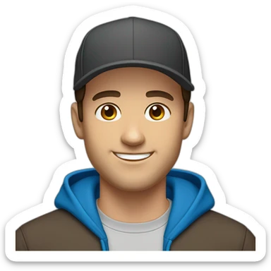 caucasian, male, dark brown hair, dark brown eyes, snap back cap, smiling, blue hoodie sticker