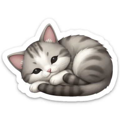 grey and white small cat with eyes closed lying down upside down with its head resting on its paw sticker