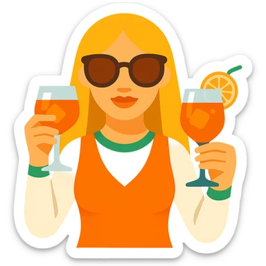 Add sunglasses to the Italian girl and make her hair dark blond, keep the Aperol Spritz and vibrant toon emoji style, with no background. sticker