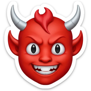 CARTOON STYLE EMOJI of a RED DEVIL FACE with small HORNS pointing up, BLACK EYES, and a MISCHIEVOUS SMILE. The entire face is RED with a smooth glossy texture. BACKGROUND is PURE WHITE, clean and simple. sticker