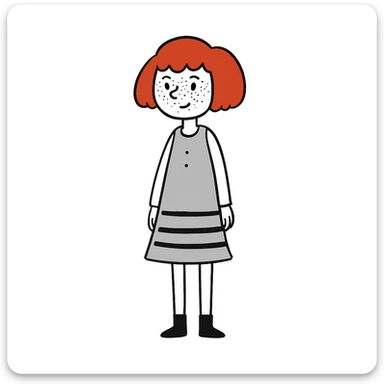 Add freckles to the girl's face, keep short red hair and flat chest, in a doodle style illustration. sticker
