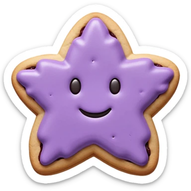Ultra-realistic pastel purple cookie with a soft, crumbly texture, fine surface cracks, matte baked finish, star-shaped jam cutout revealing glossy dark berry filling sticker