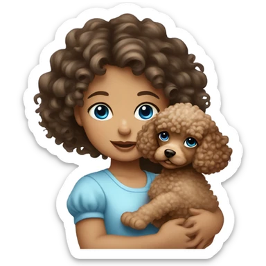 Brunette baby girl with curly hair and blue eyes holding a baby poodle sticker