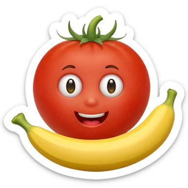A cute tomato with a face eating a banana sticker