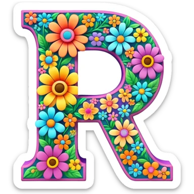 3D style, psychedelic colored Letter A with hippie style flowers sticker