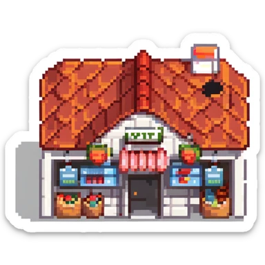 isometric supermarket building with red tiled roof, store entrance, and small parking area sticker