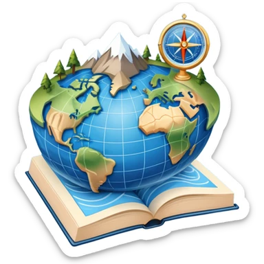 an icon featuring an earth with attitude and longitude lines, a textbook, and a topographic map, symbolizing geography as a science. The design includes a compass, mountain ranges, and rivers, representing the study of Earth's features and landscapes. Transparent background highlights geography. sticker
