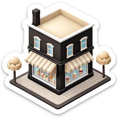 Isometric exterior little black, beige, and white gelato ice cream shop, dollhouse style 3D realistic  sticker