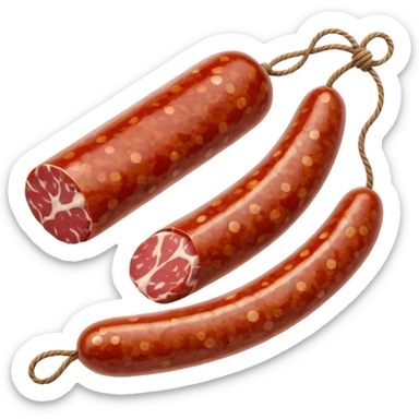 dry-cured sausage rustic white-mottled casing tied with string sliced end showing marbled red meat and white fat a few round slices beside glossy speckled texture irregular edges soft lighting emoji scale sticker