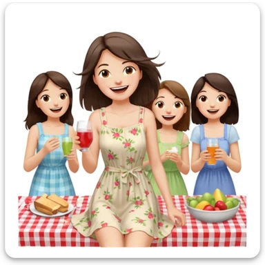 A brunette with straight hair laughs among friends at a picnic, wearing a light summer dress, her hair messy from the wind sticker