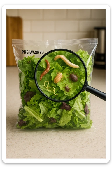 Insalata in busta ricca di pa transparent plastic bag of pre-washed salad sits on a kitchen counter. Through the bag, small, detailed images of various parasites (such as worms, larvae, or microscopic bugs) are visible among the lettuce leaves. A magnifying glass hovers over the bag, enlarging the parasites for emphasis. The mood is cautionary and educational.arassiti sticker