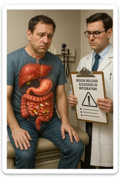 a man sits on a doctor’s examination table, looking fatigued and uncomfortable. A transparent anatomical overlay reveals his liver and intestines, both appearing inflamed and congested, with stylized supplement capsules and pills scattered throughout the digestive tract. The doctor stands nearby, holding a chart that highlights the risks of excessive supplement use. The mood is clinical and educational. in italiano iperrealistica sticker
