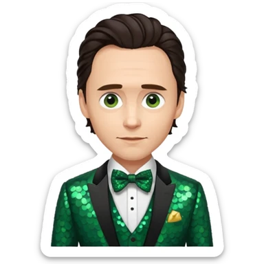 Tom Hiddleston with dark brown hair, dark green sequin suit with bow tie sticker