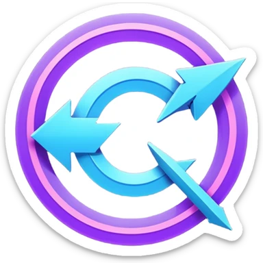 Futuristic retry arrow: an open curved neon arrow forming almost a circle but leaving a gap, clear restart motion. Glowing blue and violet Virtuosa colors, soft Ovi-like floating shape, playful high-tech style, luminous semi-matte texture. No text. Full background.
 sticker