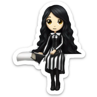 A gothic-style fumo plushie girl with long black hair in a black coffin with a white cushioned interior. She wears a striped black-and-white dress. Nearby is a white desk with dark books and an antique lamp. sticker