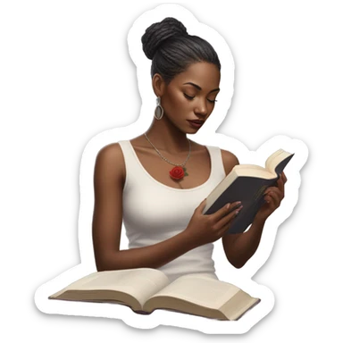 Hyper Realistic beautiful woman model with a small rose tattoo reading a book  sticker