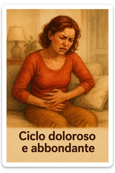 donna con ciclo doloroso e abbondante. testo in italiano. sticker