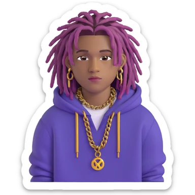 Juice WRLD with purple dreadlocks, designer hoodie, gold chains, and signature style sticker