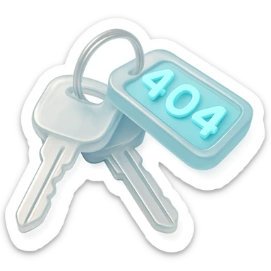 A set of 3D rendered car keys with a distinctive key fob displaying "404" in a light sky blue #ace8de sticker