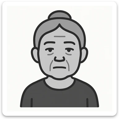 minimalistic style portrait of old Asian woman with grey hair in a bun and stoic face sticker