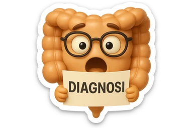 EMOJI STILE IPHONE DI UN INTESTINO CON GLI OCCHIALI CHE LEGGE UN FOGLIO CON LA SCRITTA DIAGNOSI, ESPRESSIONE STUPITA IN VOLTO, IPERREALISTICO 4K sticker