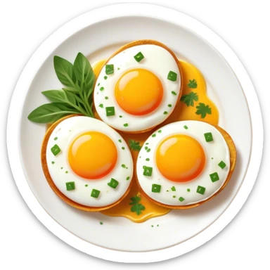 Cinematic sunny-side-up eggs, perfectly cooked with glossy yolks, crispy golden edges, sprinkled with fresh herbs, served on a rustic plate, bright and inviting, highly detailed and appetizing. sticker