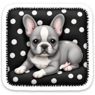 Gray French bulldog puppy with white belly, wearing black and white polka dot bow, taking a nap on a black color fuzzy rug sticker