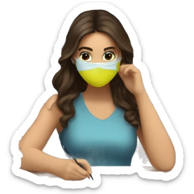 Brunette female studying textbooks with face mask on sticker