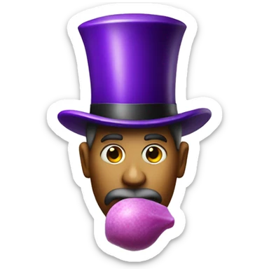 Man chewing bubblegum holding a Leek wearing a purple banded tophat sticker