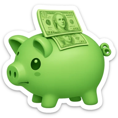 Change the color of the piggy bank and money to a green lettuce shade, maintaining the original style and details, with no background. sticker