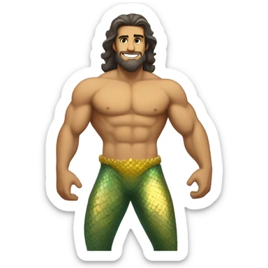 Tan muscular merman with yellow mermaid tail, dark hair and stubble  sticker