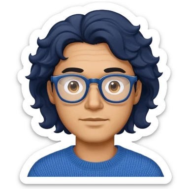 Man with wavy black hair in a comfortable blue sweater and glasses sticker
