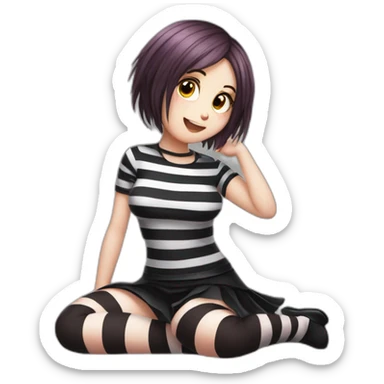 Full body Front view curvy emo girl sits on the floor straight view hands up black skirt striped stockings sticker