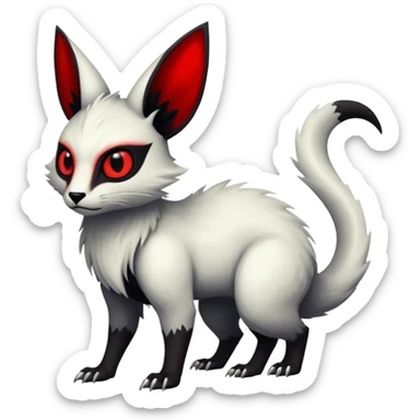 a white exotic edgy vernid-fionbr-Fakémon-creature, with black belly and red eyes, full body sticker