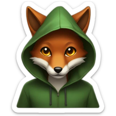 small dark brown fox with orange eyes and a dark green hood that smile sticker