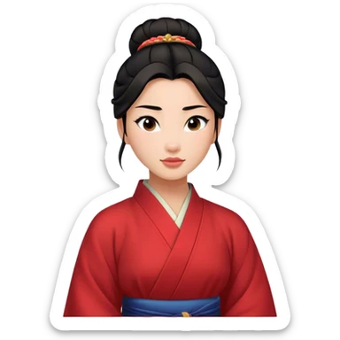 Cinematic Realistic Timeless Mulan Portrait, featuring a serene and confident Mulan with intricately detailed, natural light skin and precisely styled dark hair in a traditional bun. Her expression is calm and assured, and her simple, traditional robe is rendered with realistic textures and delicate, natural folds that catch the light beautifully. The portrait is illuminated by soft, ambient light that creates a natural, radiant finish and subtle glowing outline, perfectly capturing her enduring beauty and quiet strength in a timeless, realistic manner. sticker