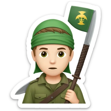 boy wearing green flag on his head with machete sticker