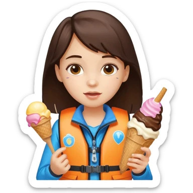 girl brunet kid wearing lifejacket, holding ice cream sticker